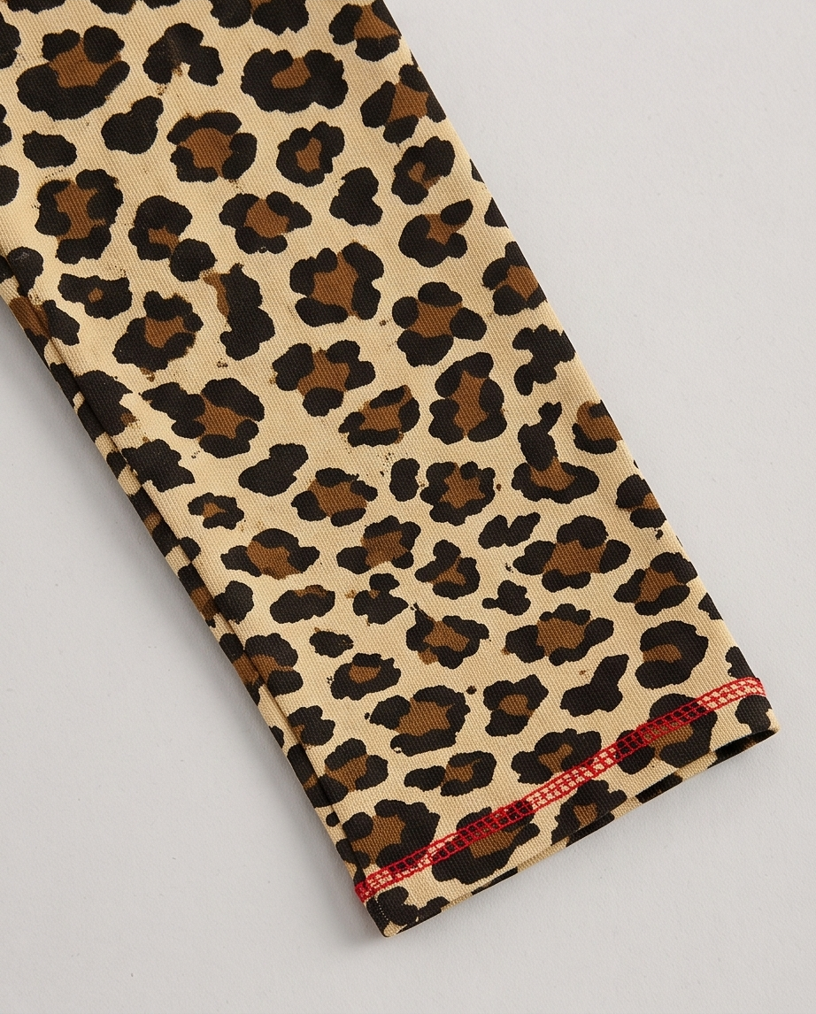 A close-up of a leopard print fabric, likely a pant leg or trouser, featuring a beige base with brown and black spots and a red stitched hem.