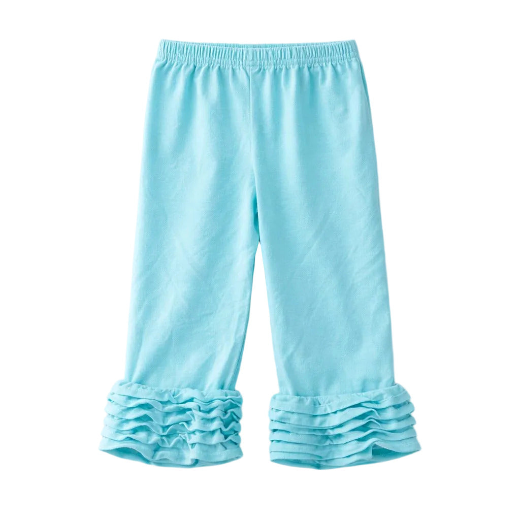 Light blue pants with ruffled cuffs on a white background