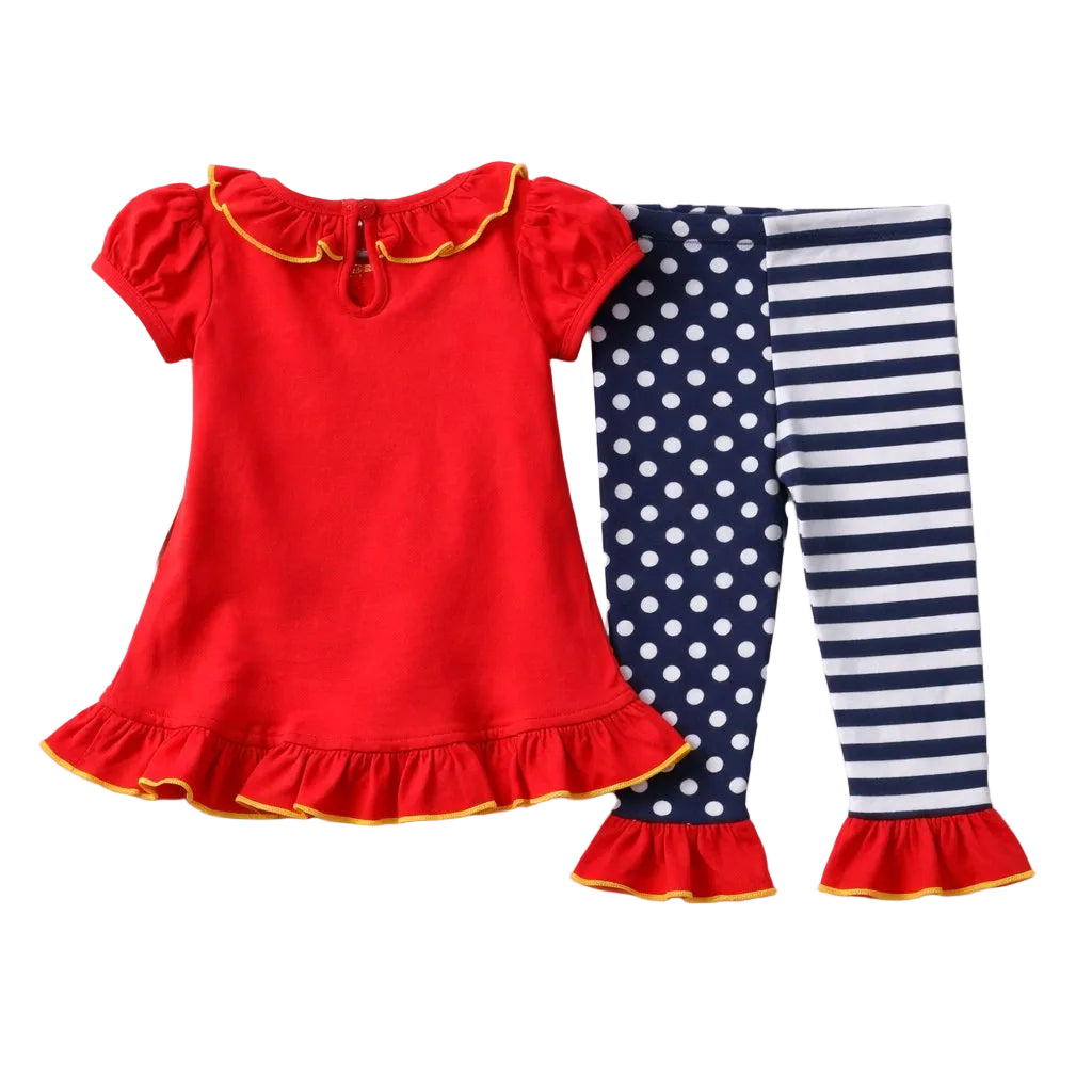 Red top with ruffled details and blue and white striped leggings on a white background