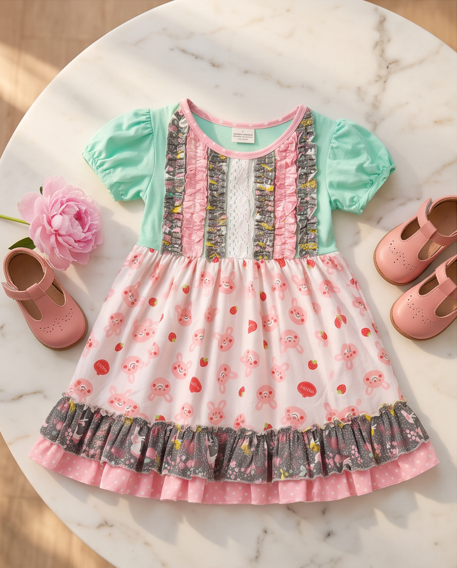 A toddler girl's dress styled in a flat-lay on a white marble surface with pink shoes and a flower. The dress has mint green puff sleeves, a pink ruffled neckline, and a white skirt with pink bunny prints and strawberry motifs, finished with a gray floral ruffle hem.