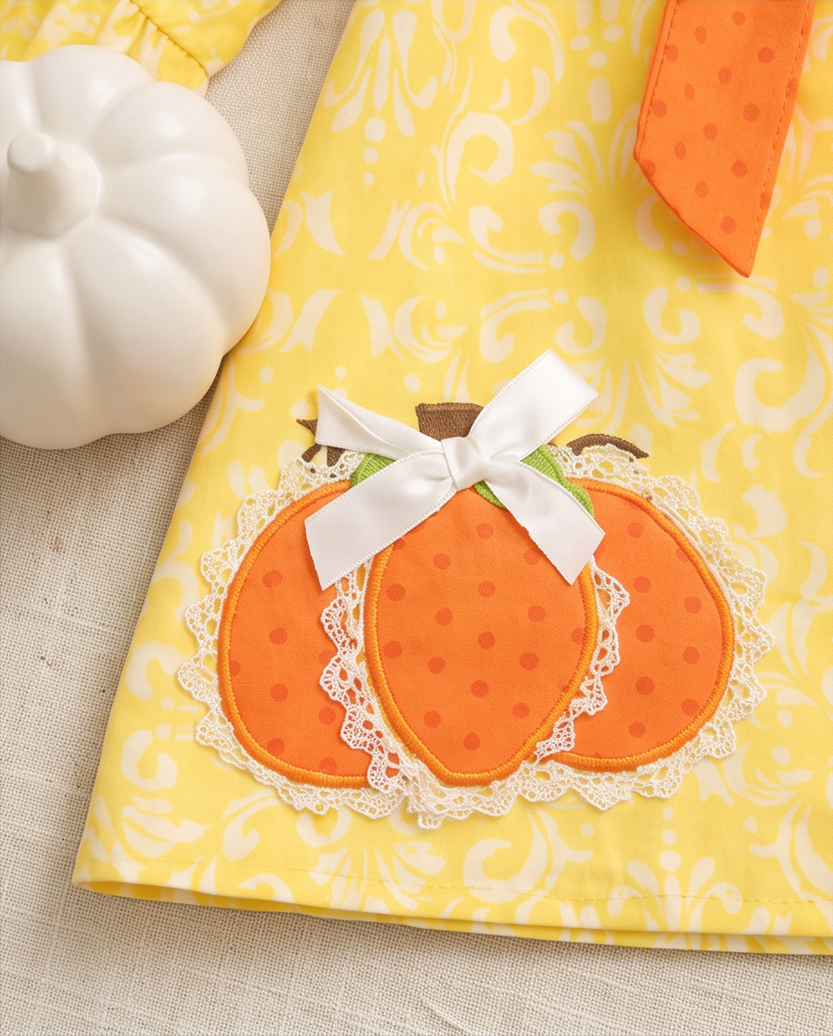 Pumpkin Bow Adorable Cotton Long Sleeve Fall Dress