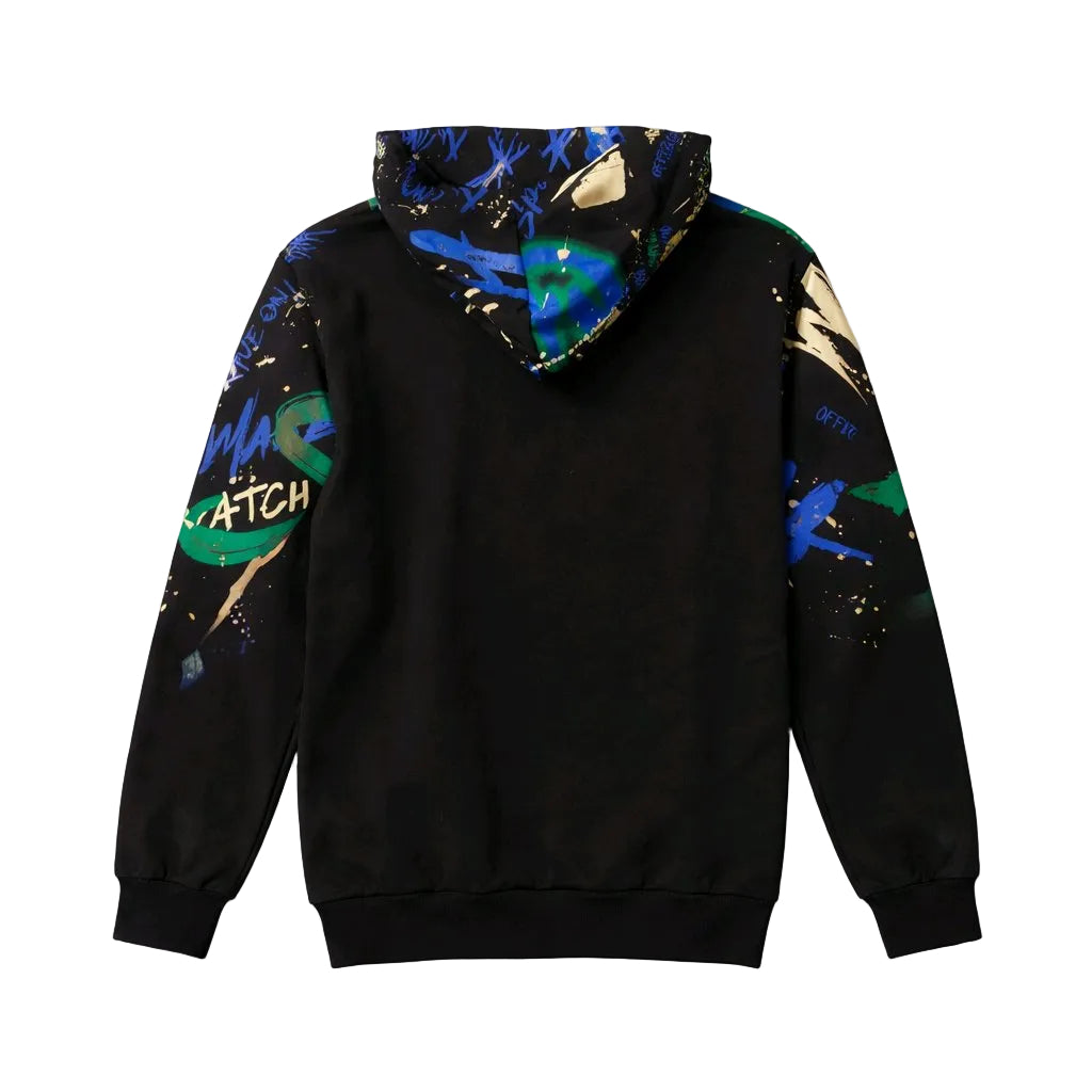 Black hoodie with colorful abstract patterns on a white background