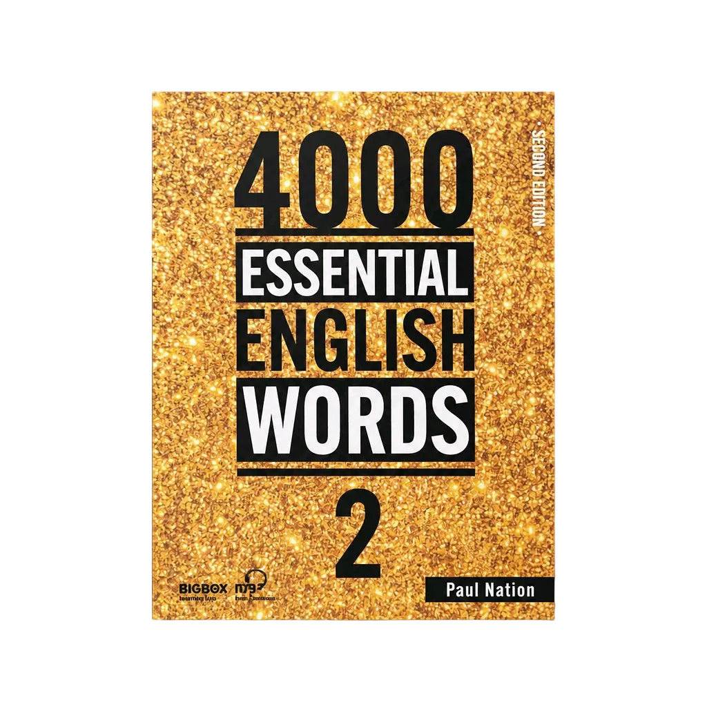 A book cover for '4000 Essential English Words 2' by Paul Nation, featuring a glittery gold background with bold black and white text, shown against a neutral light gray background.