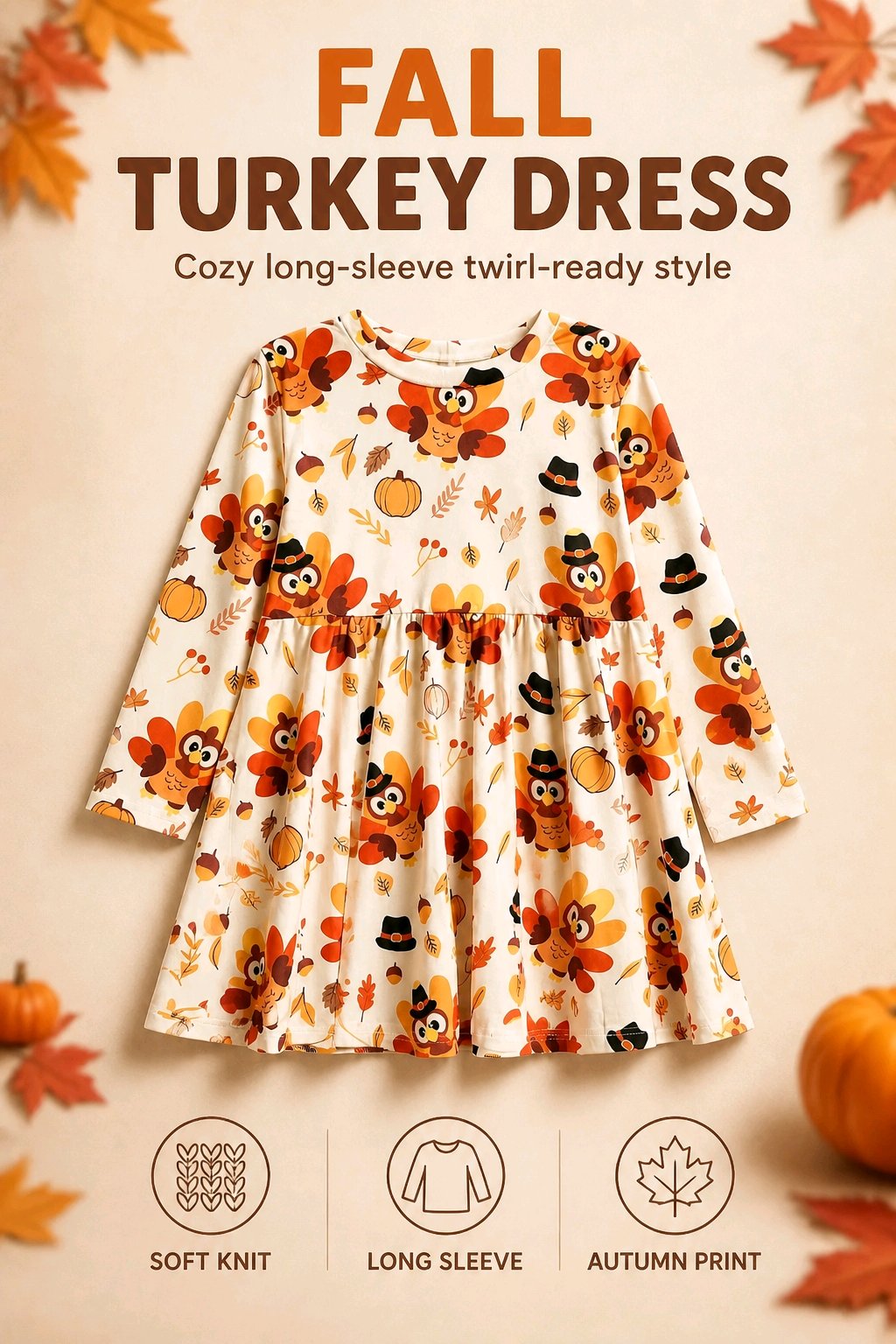 A children's long-sleeve knit dress with an autumn turkey print, displayed on a beige background with promotional text reading 'FALL TURKEY DRESS' and feature icons for soft knit, long sleeve, and autumn print.