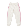 White sweatpants with pink stripes on a gray background