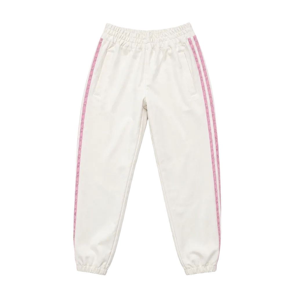 White sweatpants with pink stripes on a gray background