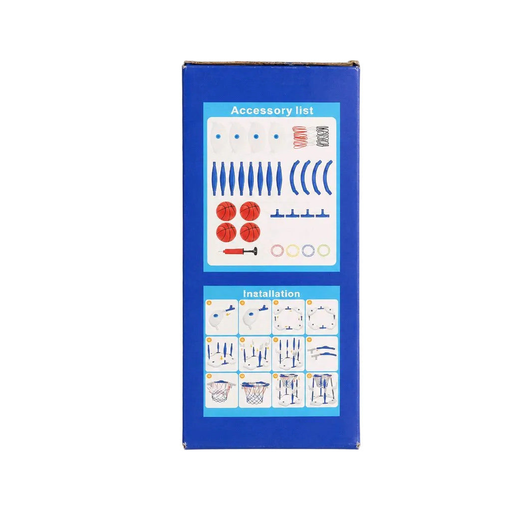 A blue rectangular product box with printed accessory lists and instruction diagrams, photographed from above on a light gray background.