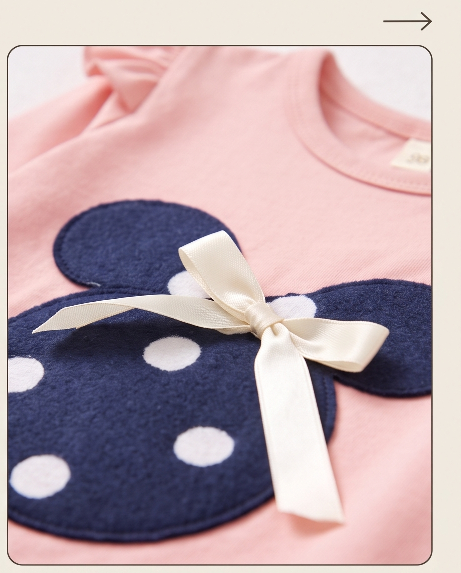 A close-up of a baby or toddler pink top featuring a large navy blue felt Minnie Mouse-style head patch with white polka dots and a cream satin bow.