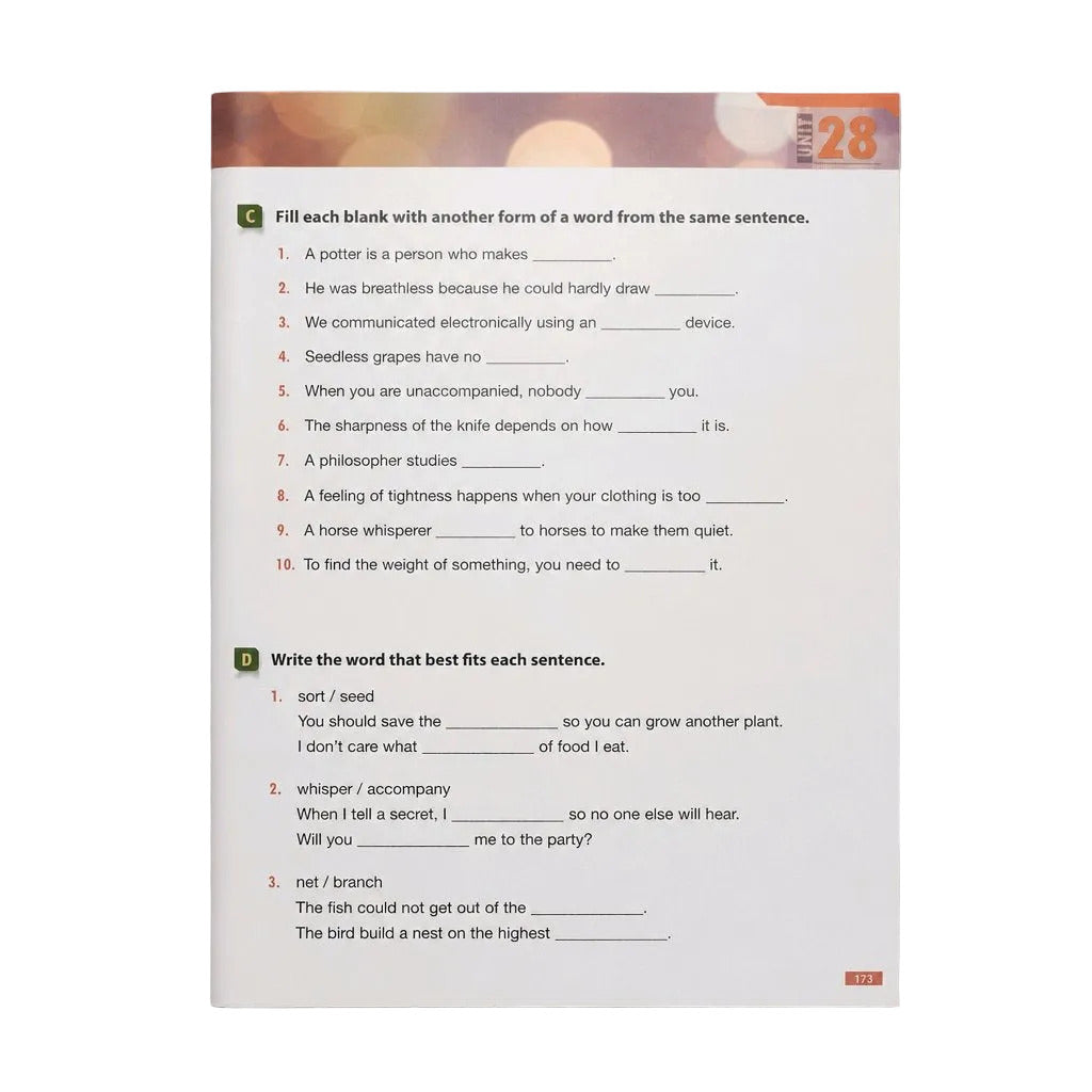 A single printed worksheet or booklet page shown flat against a light gray background. The page has an orange header band at the top, black instructional text, and numbered fill-in exercises with blank lines.