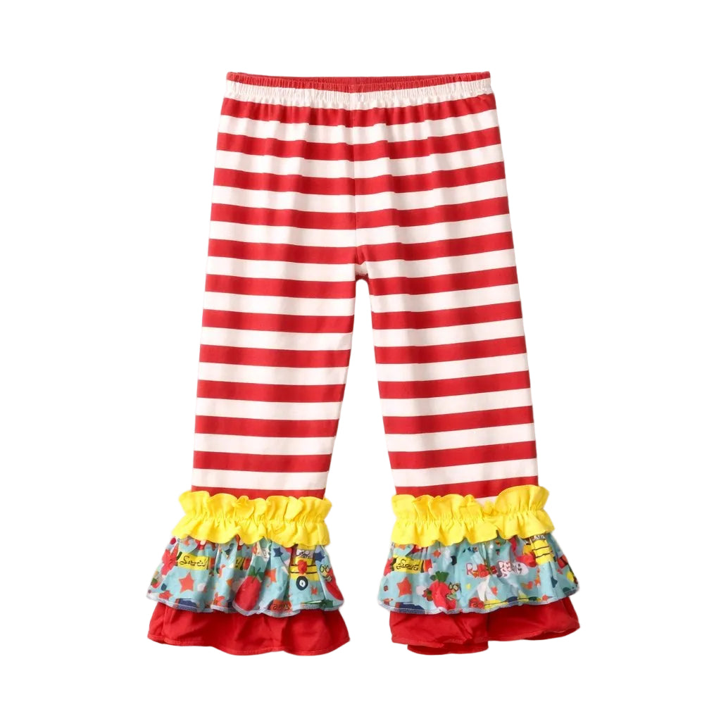Red and white striped pants with colorful ruffles on a white background