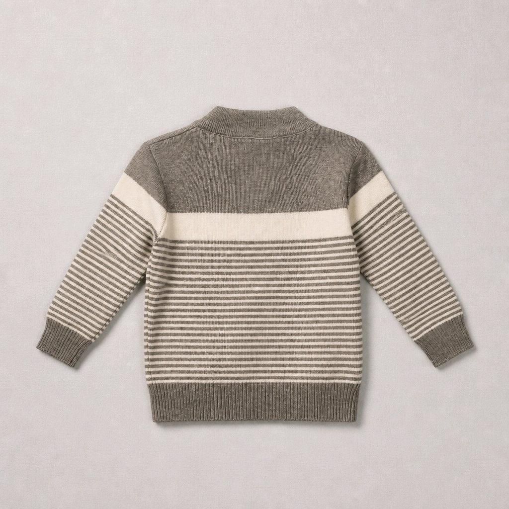 Boys Cotton Zip Sweater Grey White Stripes