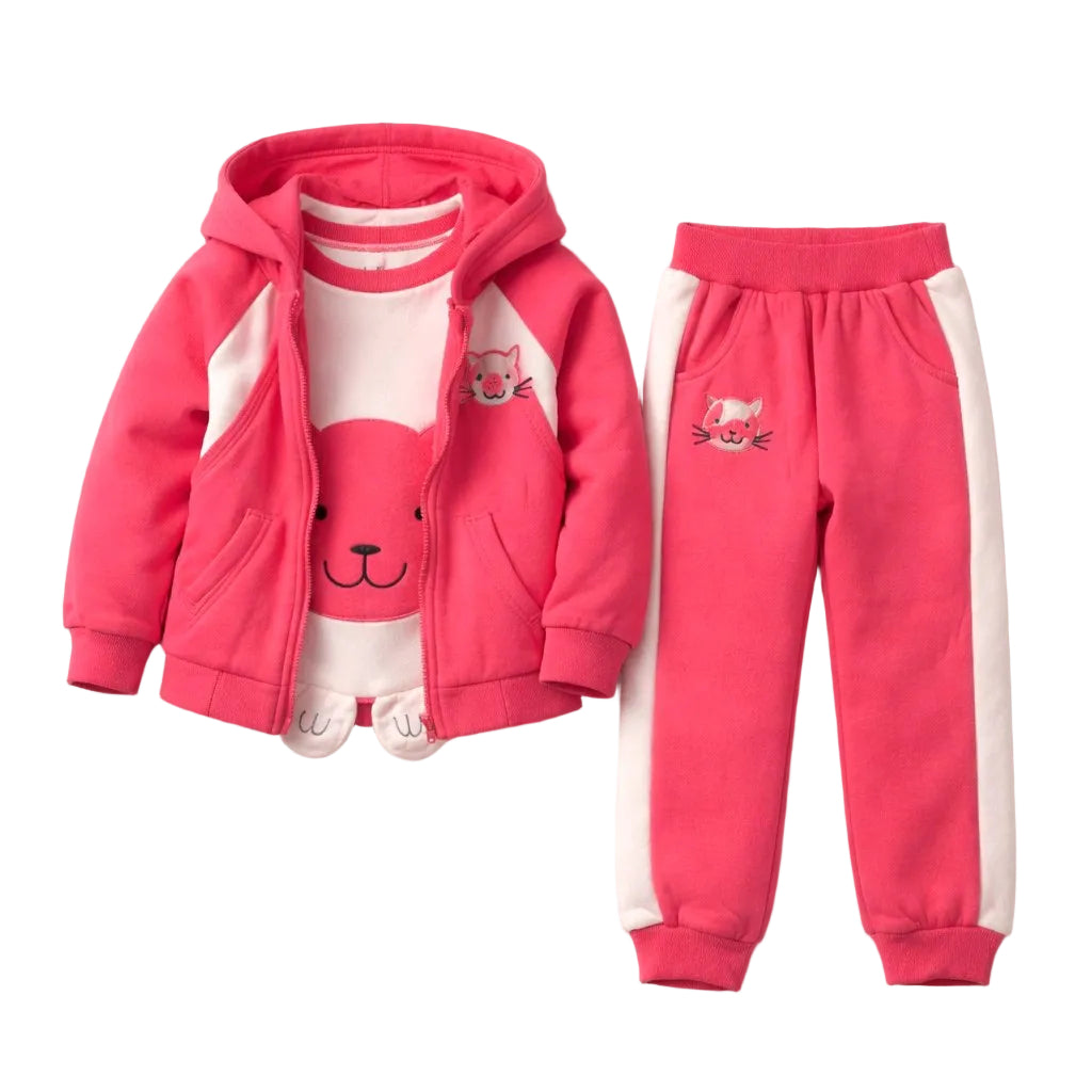 Pink children's hoodie and pants set with a cartoon design on a white background