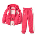 Pink children's hoodie and pants set with a cartoon design on a white background