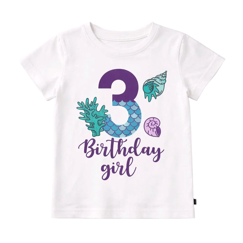 White t-shirt with mermaid-themed design and '3rd Birthday Girl' text on a white background