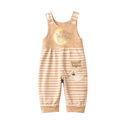 Beige and brown striped baby romper with 'good night' text on a white background