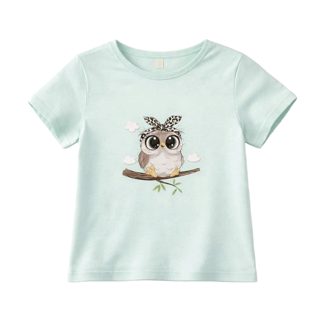 Light blue t-shirt with an owl design on a white background