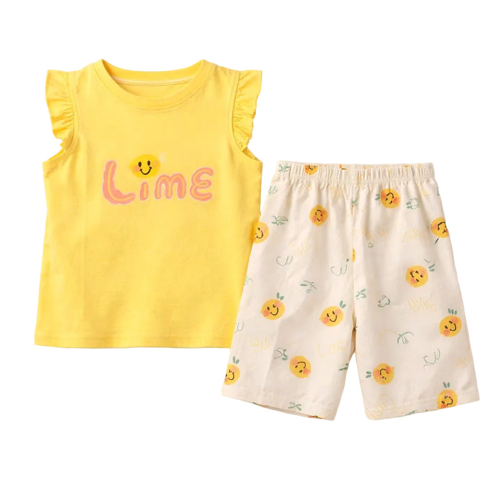 Yellow sleeveless top with 'Lime' text and matching shorts with smiley face design on a white background