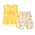 Yellow sleeveless top with 'Lime' text and matching shorts with smiley face design on a white background