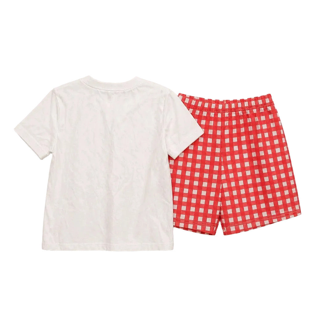 A two-piece children's outfit set featuring a plain white short-sleeve t-shirt and red-and-white gingham checkered shorts, laid flat on a light gray background.