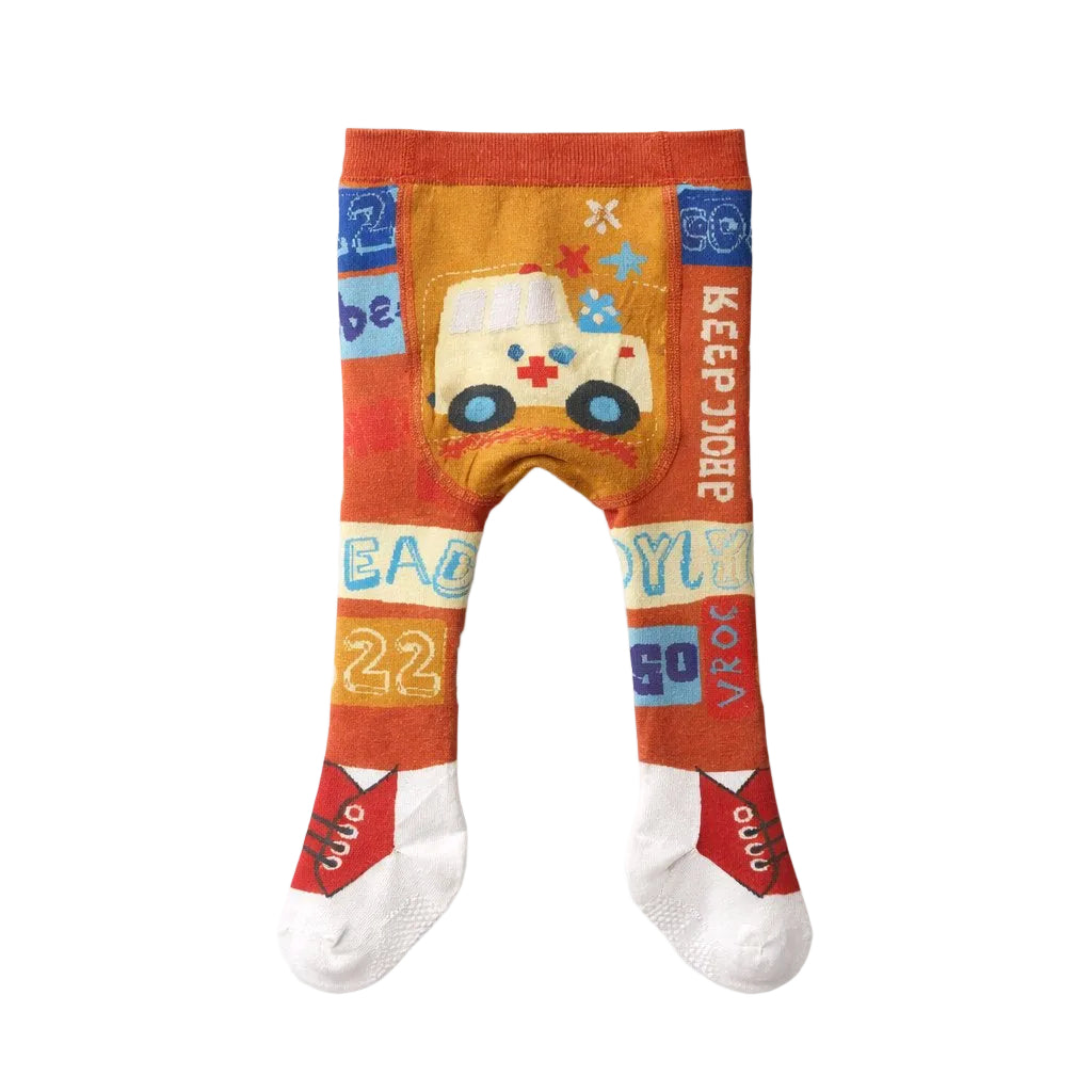 Baby Cartoon Ambulance Tights - Rust & Cream