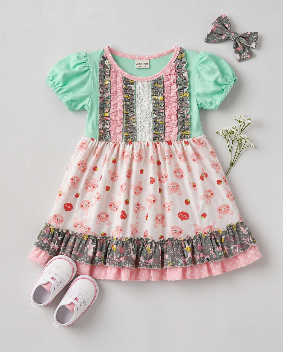 A children's dress laid flat on a light gray background, styled with a matching bow and small white sneakers. The dress has mint green puff sleeves, a pink and gray ruffled yoke, and a white skirt with a strawberry and bear print and a ruffled hem.