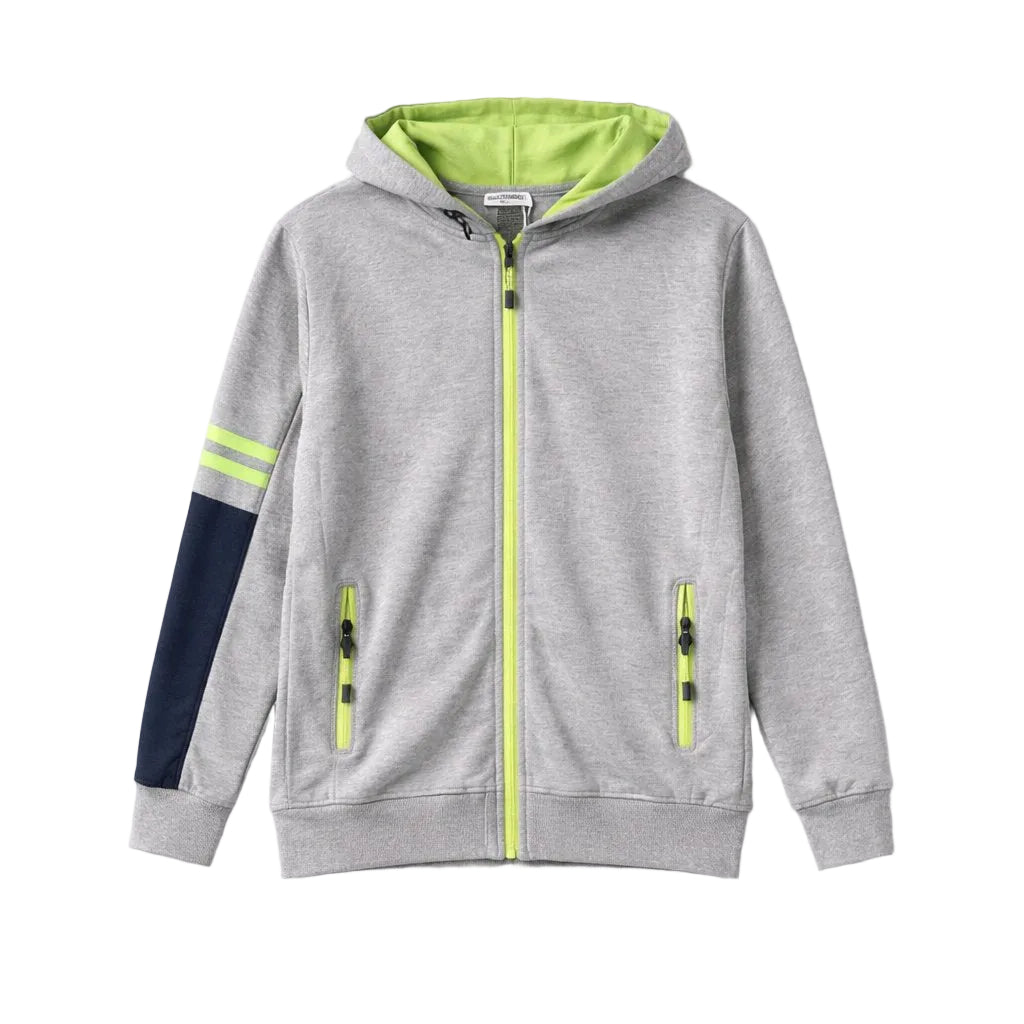 Gray hoodie with green accents on a white background