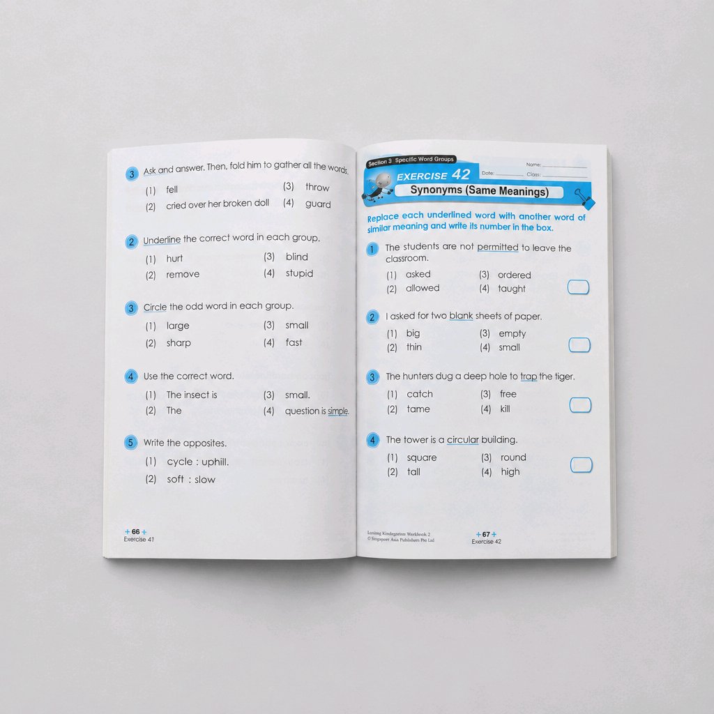 An open printed worksheet or exercise book showing two pages with printed words and short-answer questions, photographed on a light gray background.