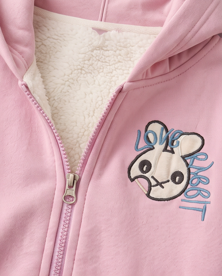 Close-up of a pink zip-up hoodie with a cream sherpa lining and an embroidered cartoon rabbit face with blue 'LOVE' and gray 'GREAT' text on the chest.