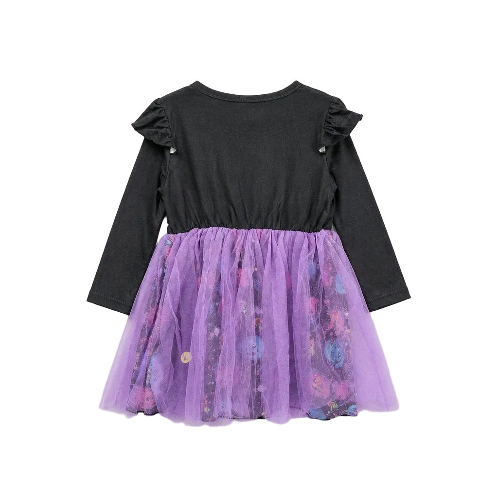 Black top with a purple floral tulle skirt on a light gray background