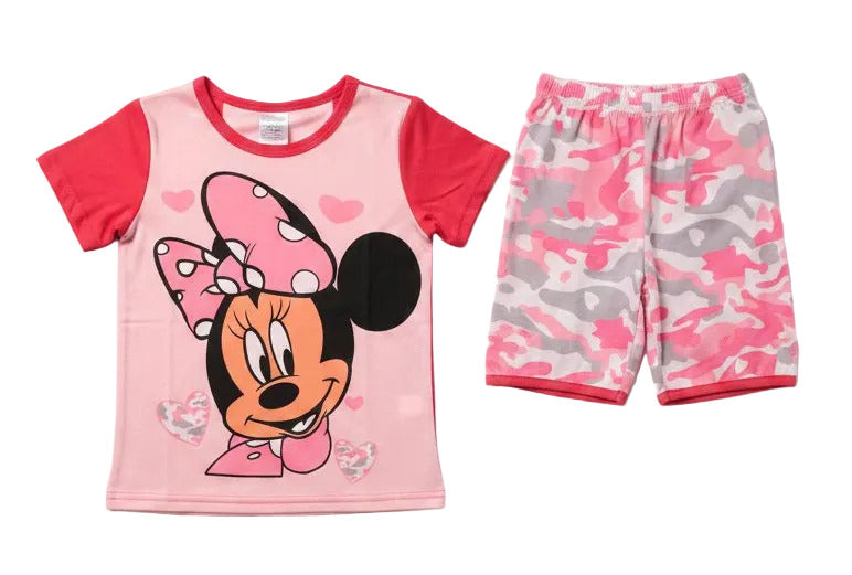 Children's clothing set with pink t-shirt featuring a character and camouflage shorts on a light gray background