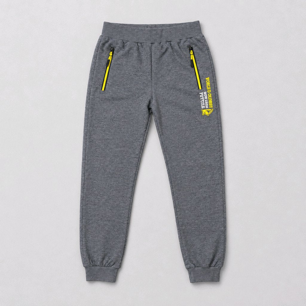 A pair of heather gray jogger sweatpants with yellow zipper accents on the side pockets and a yellow graphic print on the left leg, displayed flat against a light gray background.
