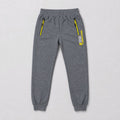 A pair of heather gray jogger sweatpants with yellow zipper accents on the side pockets and a yellow graphic print on the left leg, displayed flat against a light gray background.