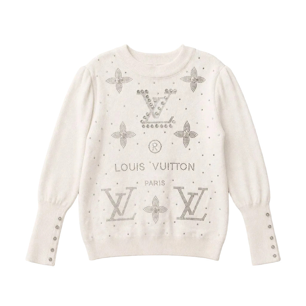 LV Cotton Rhinestone White Cotton Long Sleeve Sweater