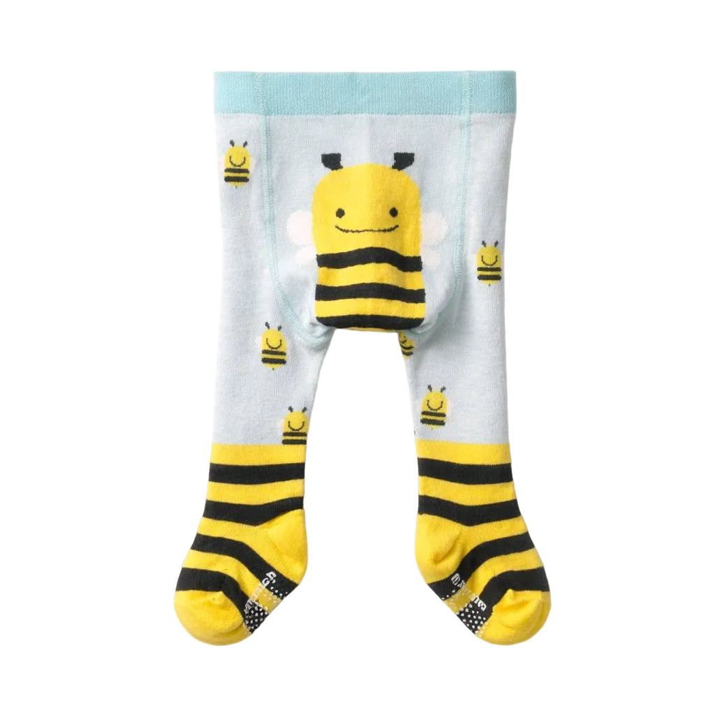 Children's tights with bee design on a light blue background