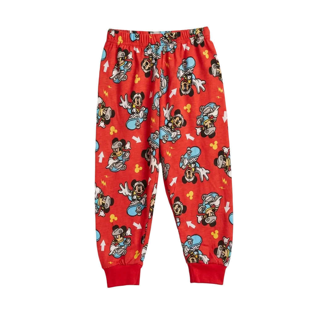 Red children's pajama pants with cartoon character print on a gray background