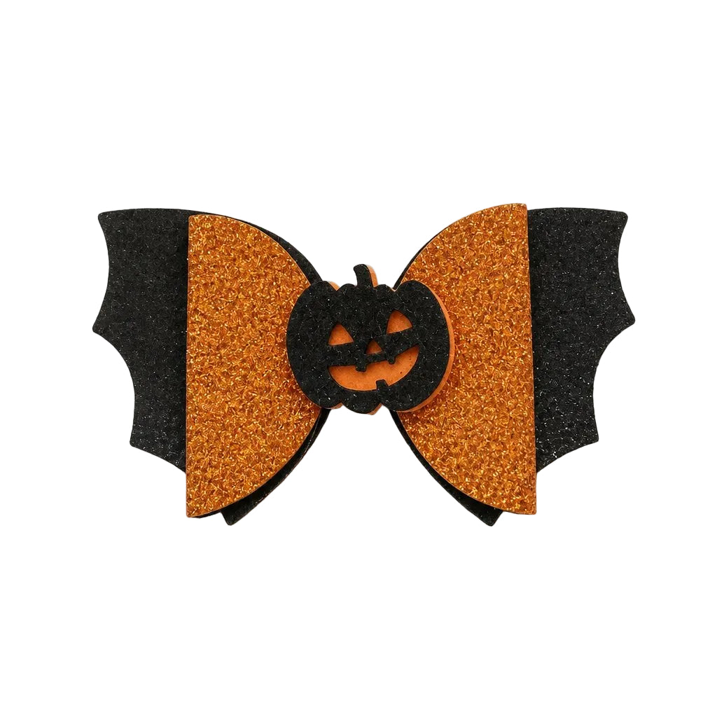 Halloween-themed bow with black bat wings and orange center on a light gray background