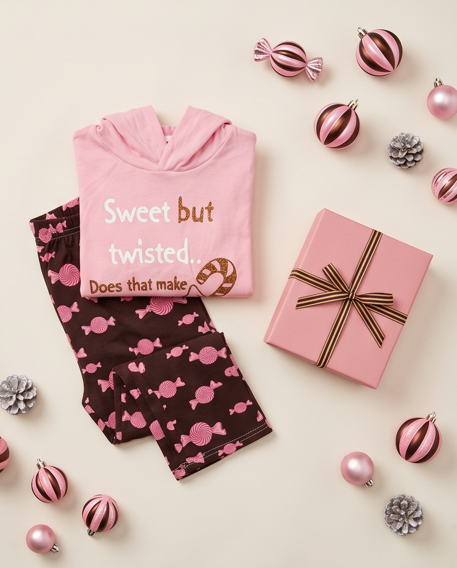A flat-lay of a matching holiday pajama set consisting of a light pink hoodie with the text 'Sweet but twisted.