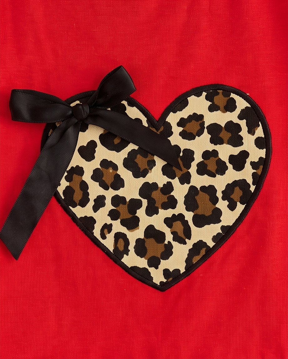 A heart-shaped patch featuring a leopard print pattern in beige, brown, and black, finished with a black satin ribbon bow, set against a solid red background.