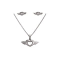 Silver heart-shaped pendant necklace and earrings on a white background