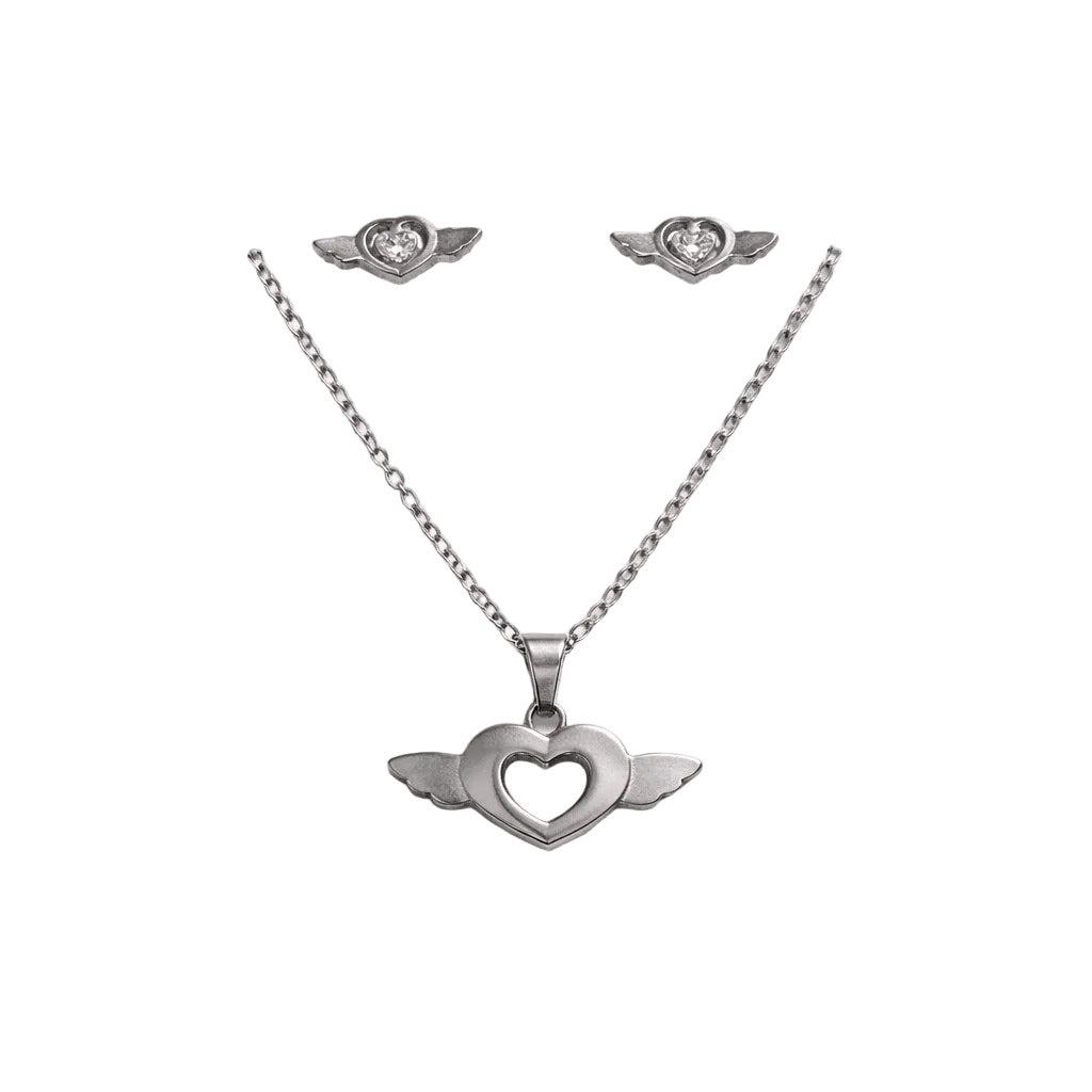 Silver heart-shaped pendant necklace and earrings on a white background