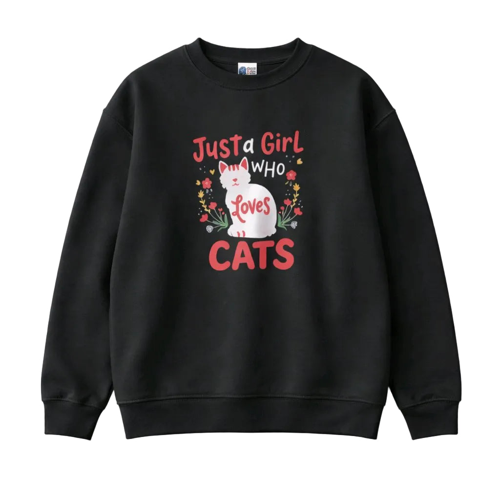 Black sweatshirt with a cat graphic and text on a white background