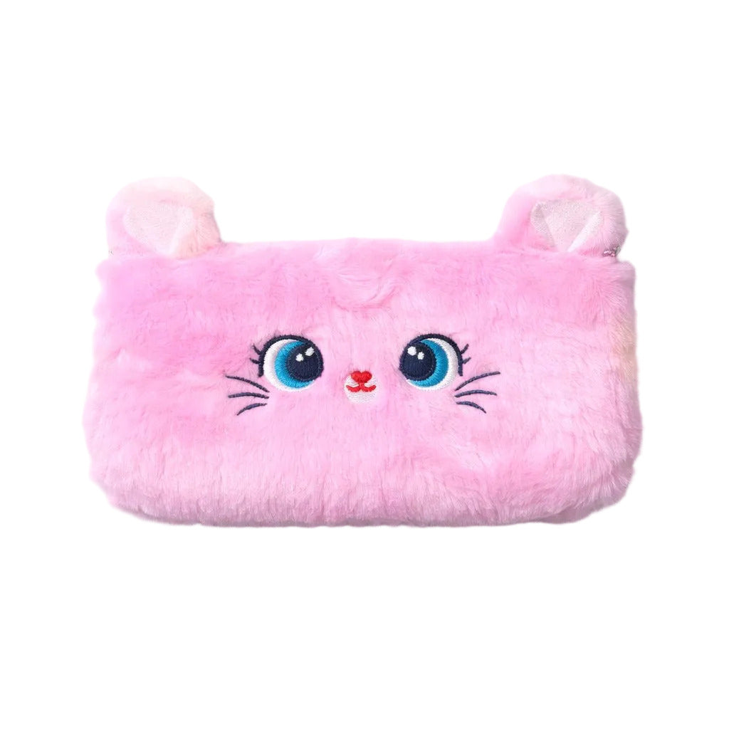 Pink fluffy pouch with cat face design on a white background