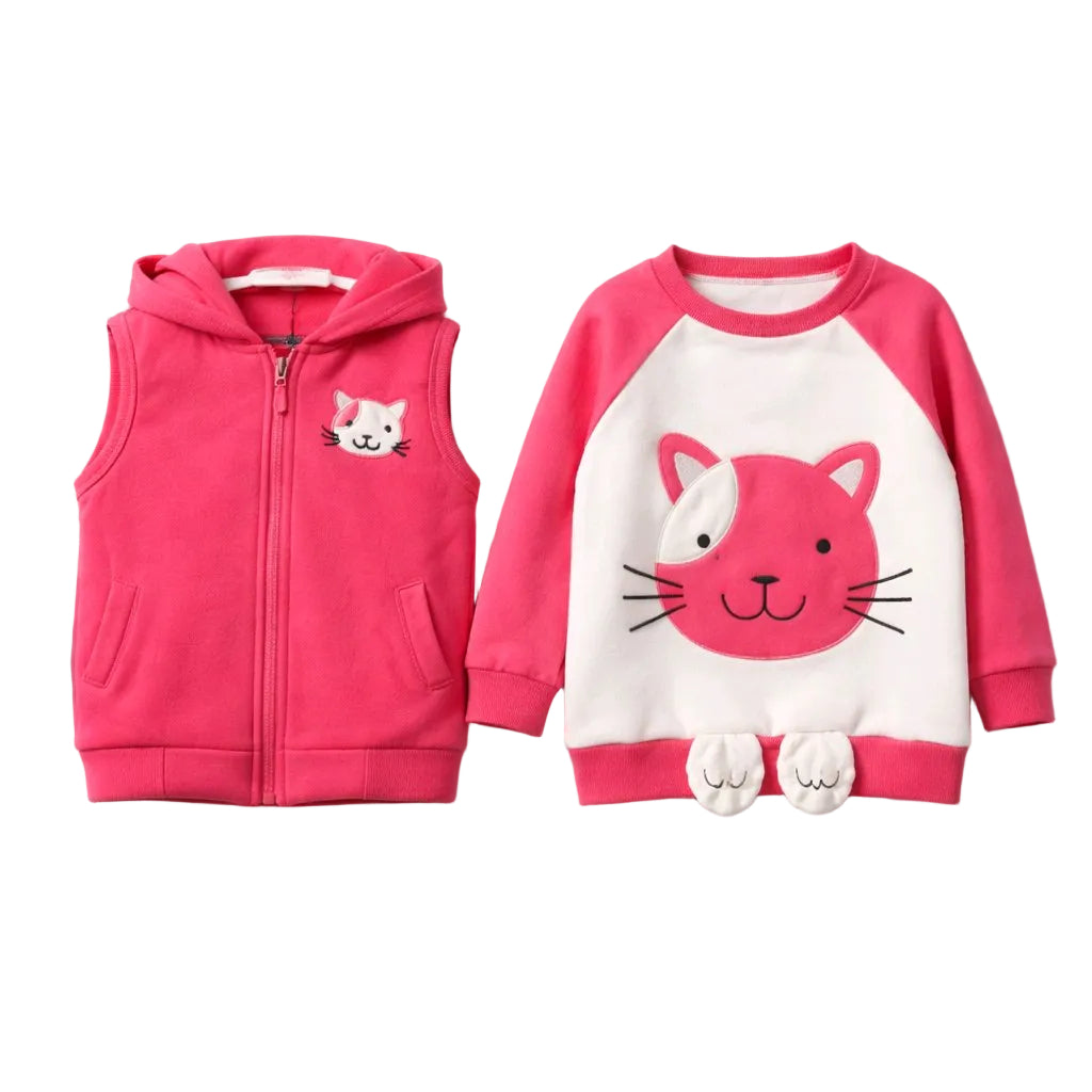 Pink children's hoodie and sweatshirt with cat designs on a white background