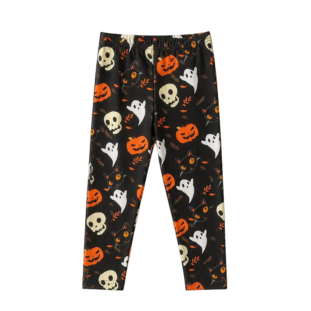 Halloween-themed pants with pumpkins, ghosts, and cats on a gray background