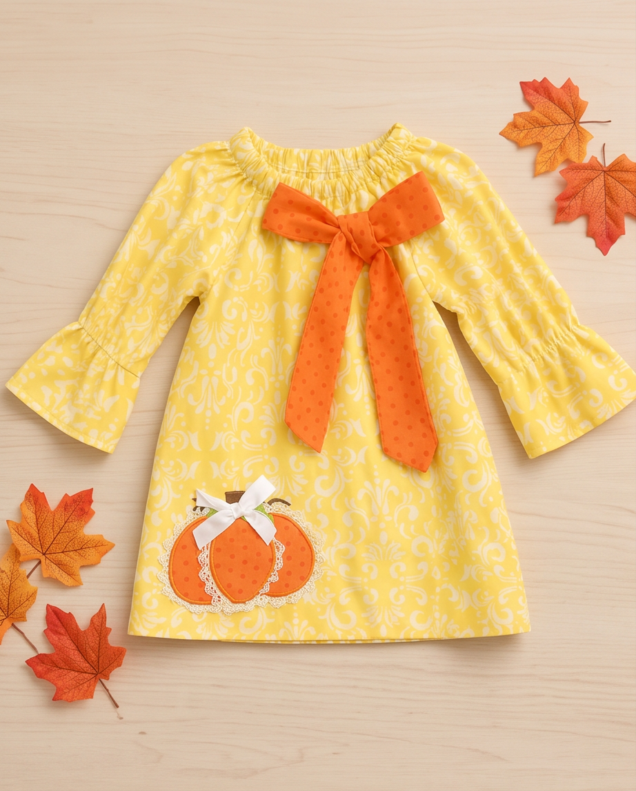 Pumpkin Bow Adorable Cotton Long Sleeve Fall Dress