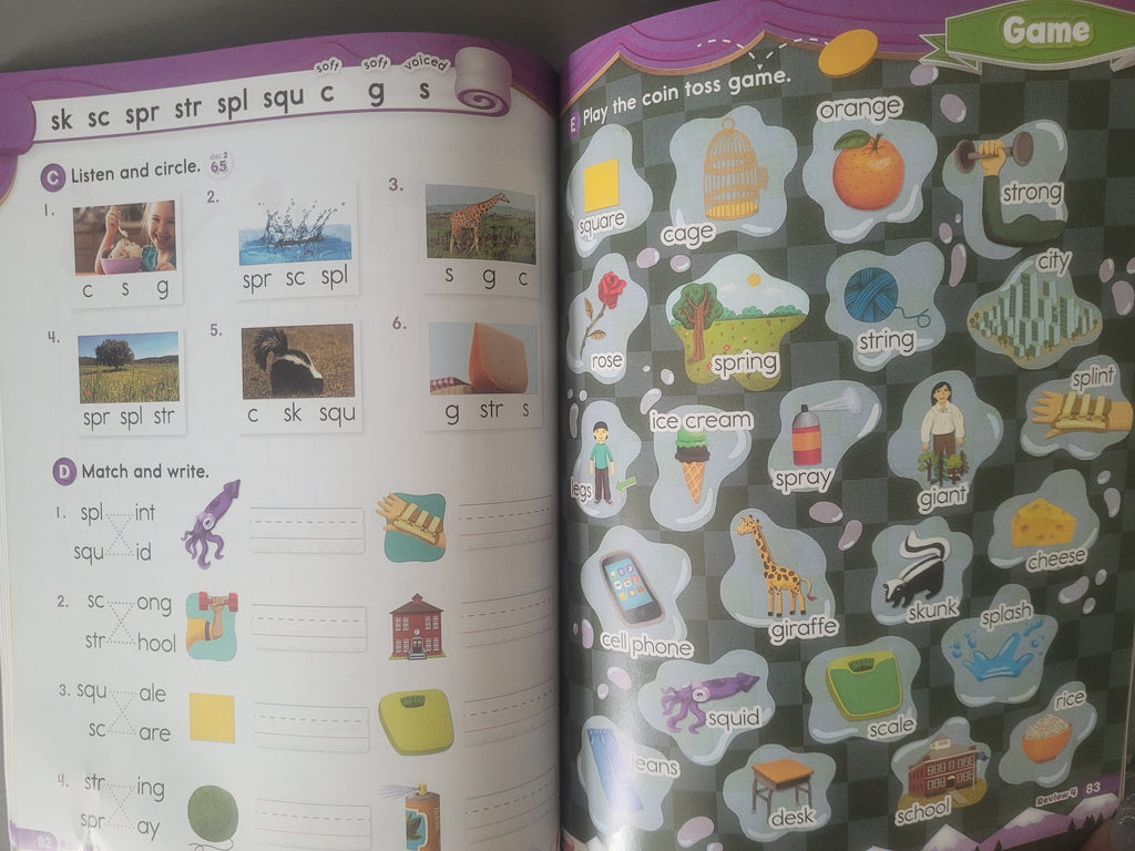 Open book with educational content and stickers on a purple and gray cover