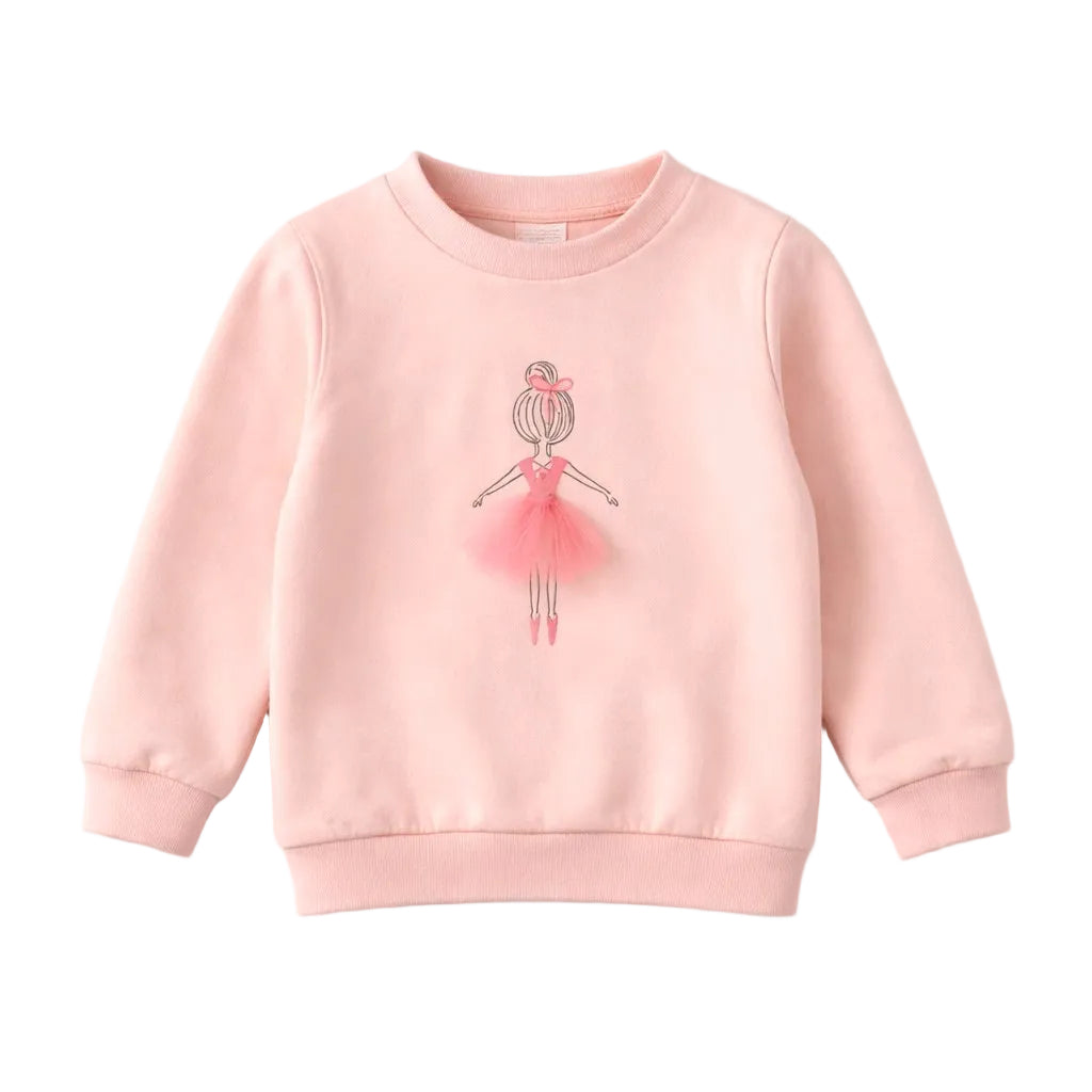 Pink sweatshirt with a embroidered ballerina design on a light gray background