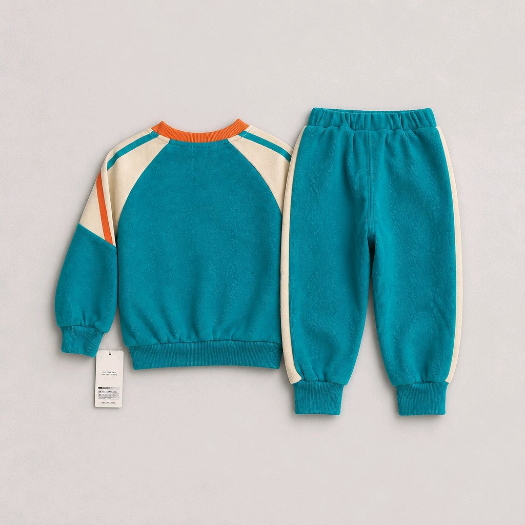 A two-piece children's tracksuit set featuring a long-sleeve sweatshirt and matching jogger pants in teal, with cream panels and orange and white stripe accents, laid flat on a light gray background.