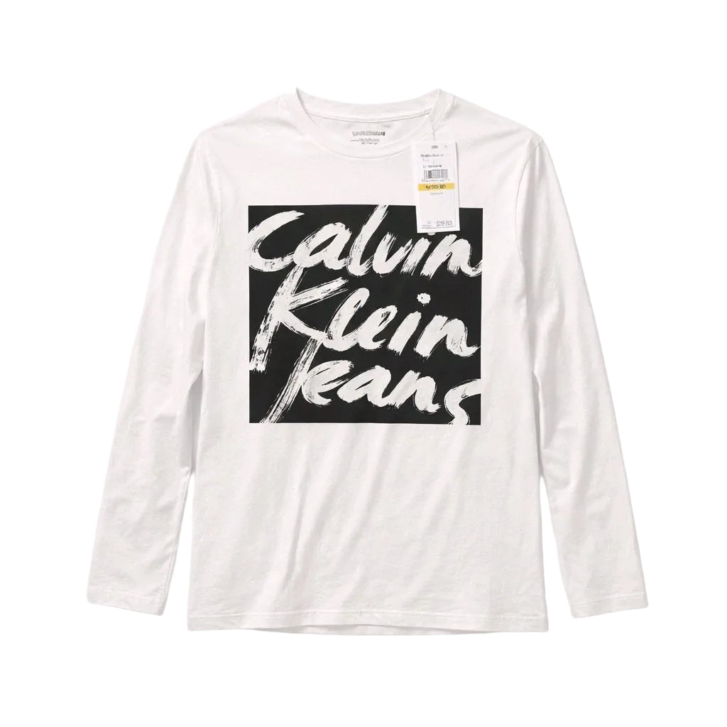 White long-sleeve shirt with Calvin Klein Jeans logo on a white background