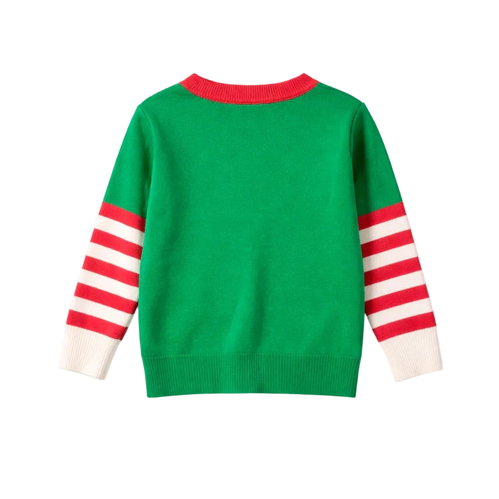 Green sweater with red and white striped sleeves on a white background